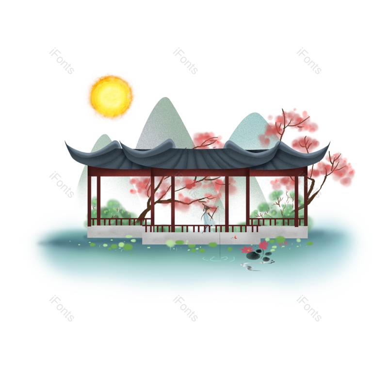古人图片,荷花元素,插画PNG,山水免抠素材